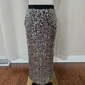 Leith Sequin Midi Skirt in Black With Silver Sequins Size XS